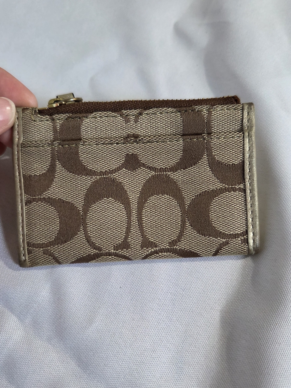 Coach Signature Mini Skinny ID Case in Brown and Gold Trim
